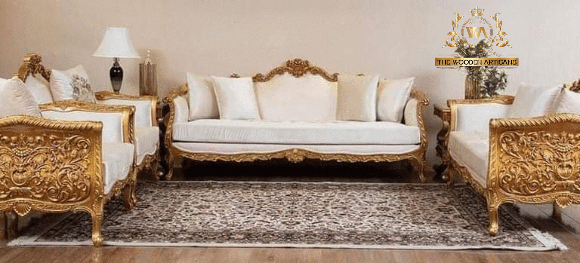 Hand Carved Teak Wood 5 Seater Sofa Set (Antique Golden Finish)