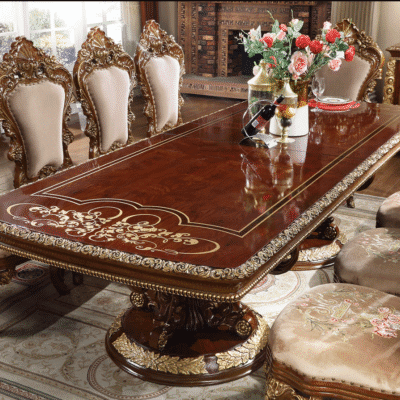 Rectangle Table Burl & Metallic Antique Gold Finish European Luxury Furniture