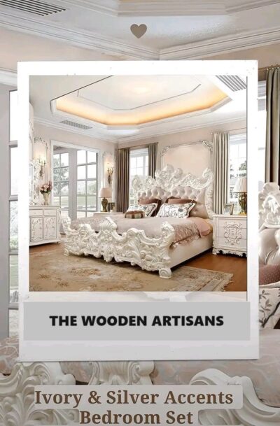Ivory & Silver Accents King Bedroom Set 5Pcs Carved Wood Homey Design