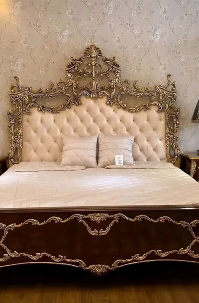 The Wooden Artisans Royal Hand Carved Maharaja Bed with Side Table