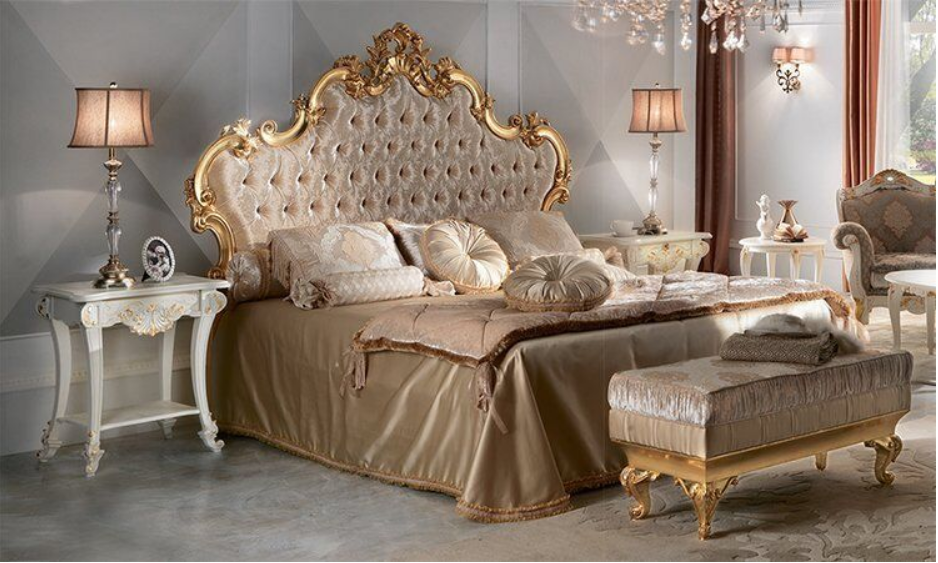 Grand Button Upholstered Gold Leaf Bed