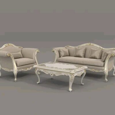 French Style Sofa / Stressed Aged Hand Carved Frame / Tufted beige Linen Upholstered / Removable cushions