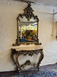 Opulent French Marble Top Gilt Console With Mirror