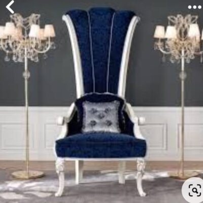Royal High Back Throne Accent Chair – White Frame with Blue Upholstery