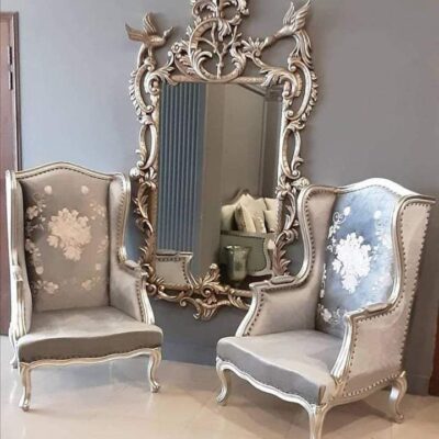 Royal Wingback Accent Chairs with Ornate Mirror Frame – Luxury Set