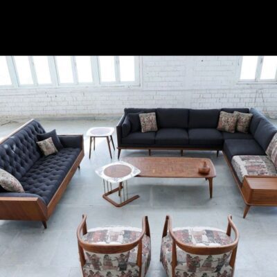 Teakwood Sofa Storage Drawer on One side With Grey Fabric