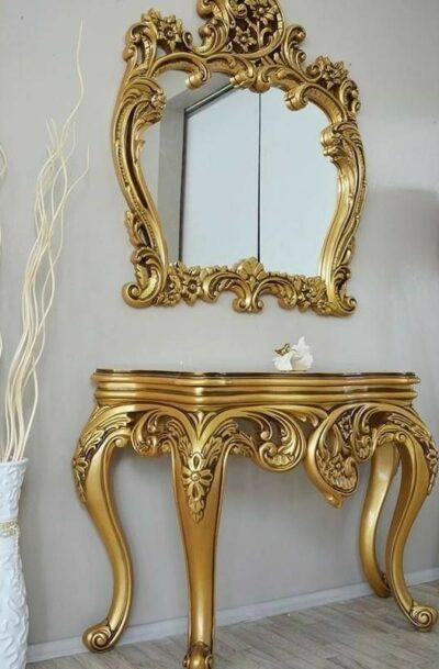 Hand Carved Antique Look Solid Teak Wood Console Table With Mirror (COLOUR CUSTOMIZATIN)