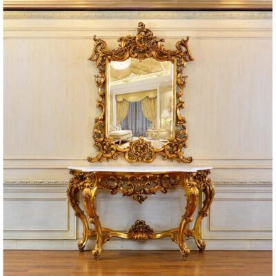 Majestic Hand Carved Solid Teak Wood Console Table and Mirror Set