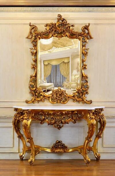 Majestic Hand Carved Solid Teak Wood Console Table and Mirror Set