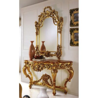 The Wooden Artisans Antique Gold Console Table And Mirror Set