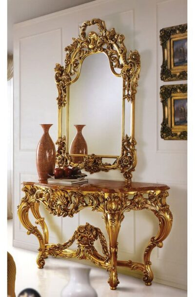 The Wooden Artisans Antique Gold Console Table And Mirror Set
