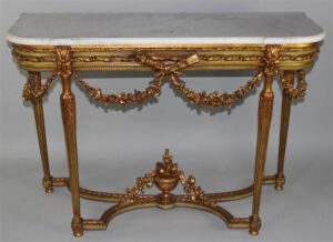 Carved Wood Console Table Resting on Royal Mirror Console