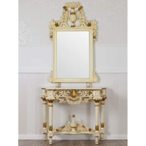 LUXURY DESIGN Console and Mirror Set Marcela Decapper Baroque Style Antique Ivory Gold Leaf Cream Marble