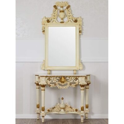 LUXURY DESIGN Console and Mirror Set Marcela Decapper Baroque Style Antique Ivory Gold Leaf Cream Marble