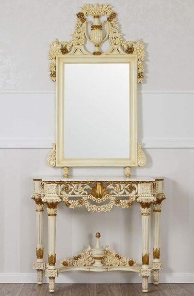 LUXURY DESIGN Console and Mirror Set Marcela Decapper Baroque Style Antique Ivory Gold Leaf Cream Marble
