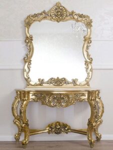 Wooden Artisans Baroque French Marble Console Table & Mirror Set
