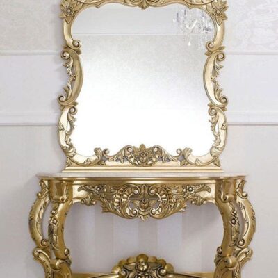 Wooden Artisans Baroque French Marble Console Table & Mirror Set