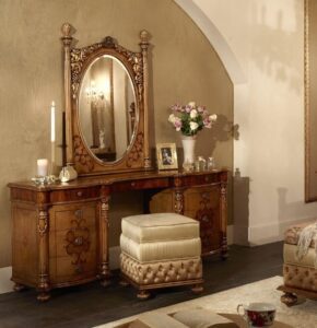 Dressing table with mirror, veneered with ash, rosewood and walnut, for environments in classic style
