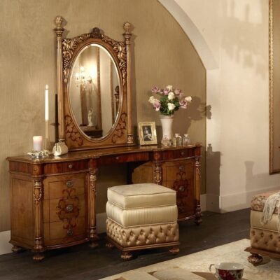 Dressing table with mirror, veneered with ash, rosewood and walnut, for environments in classic style