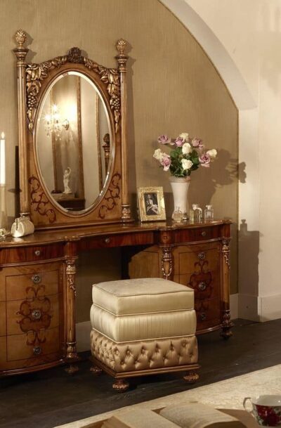 Dressing table with mirror, veneered with ash, rosewood and walnut, for environments in classic style
