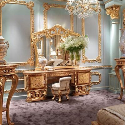 Master Bedroom Vanity Luxury Baroque Arabic Royal Style Furniture Bedroom Heavy Carved Dresser Set