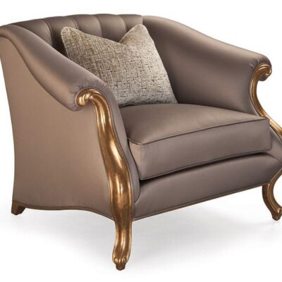 Luxury Designer Upholstered Accent Chair with Golden Carved Arms