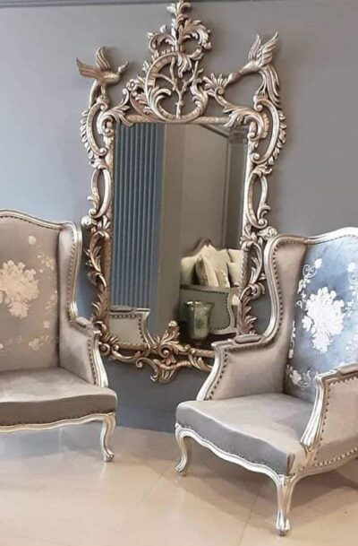 Luxury Hand-Carved Accent Chair Set with Ornate Mirror Frame By The Wooden Artisans – Luxury Wooden Furniture Manufacturers & Exporters