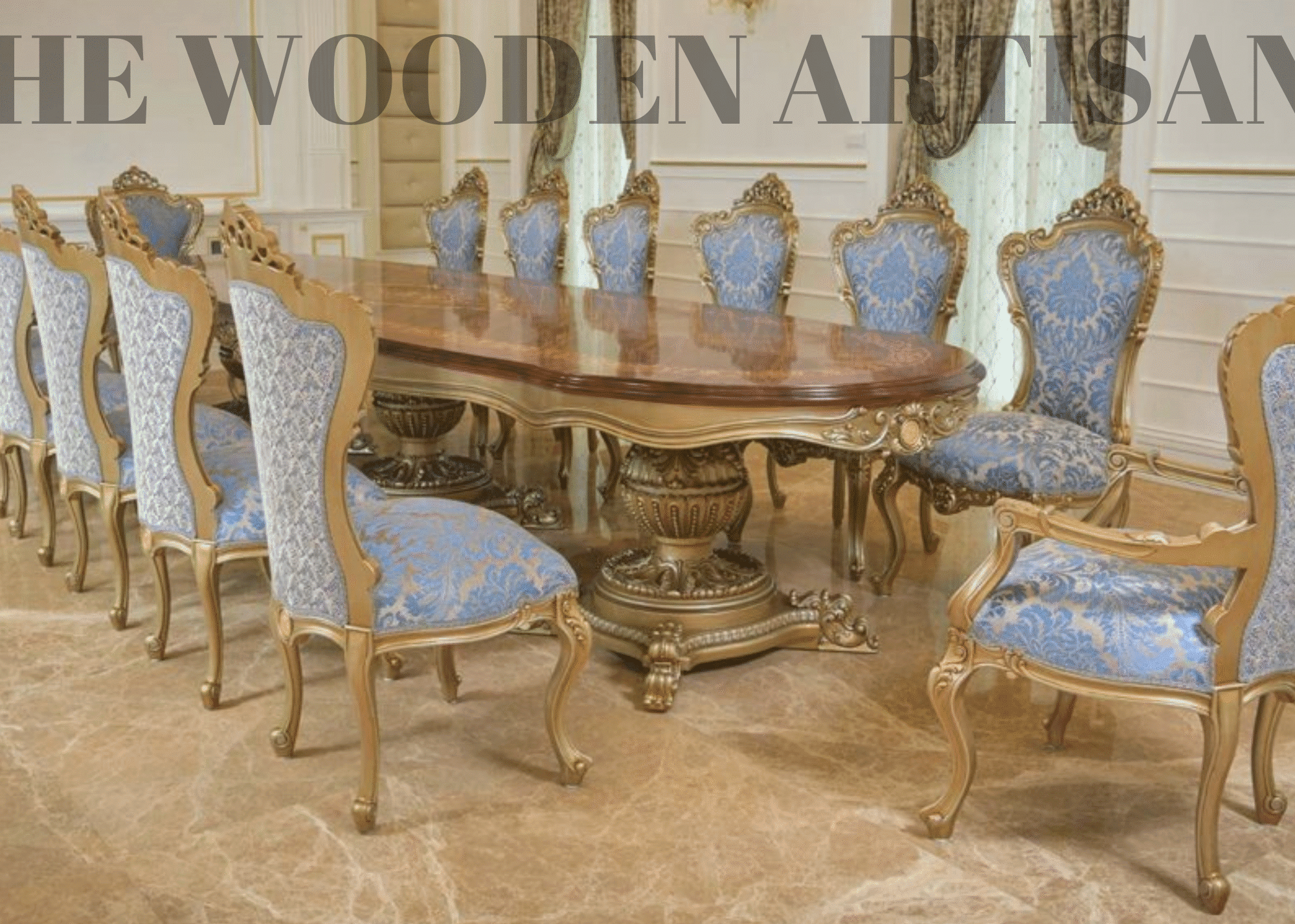 Italian Luxury Hand work Carved Teak Wood 14 Seater Dining Table Set