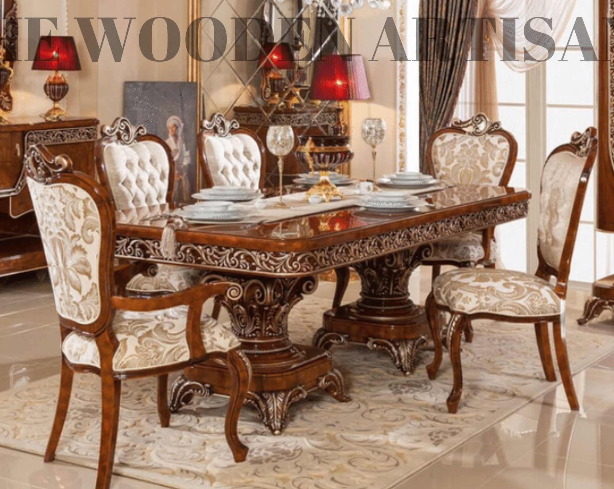 Burl and Metallic Antique Gold Dining Set for Luxury Homes