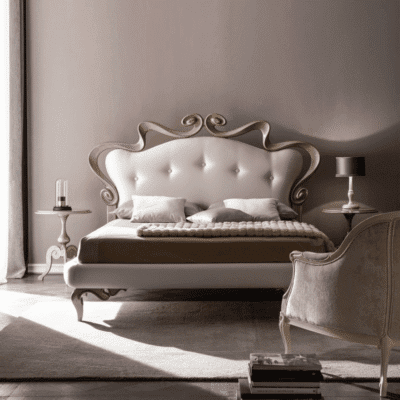 Melissa Solid Wood High-end Royal Bed Design featuring intricate carvings and luxurious upholstery, ideal for an elegant bedroom setting.