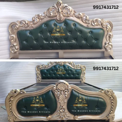 "Royal Queen Size Bed by The Wooden Artisans in Shampion Silver with golden accents. Features light carving, made from teak wood with deco polish and a green leather cushion. Dimensions: 6 feet length by 5 feet width."