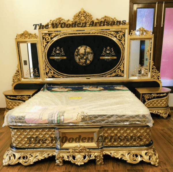 "Luxury Turkish style wooden bed with intricate carvings, a high headboard, and a lavish design, showcasing traditional craftsmanship and elegant details, available at The Wooden Artisans."