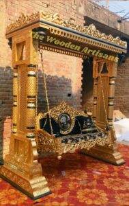 Luxury Royal Hand-Carved Wooden Swing (Jhula) with Pillar Frame