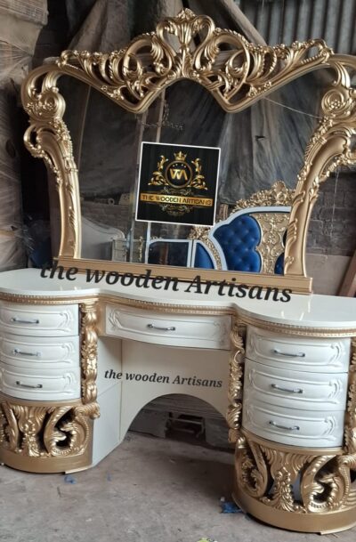 Luxury Royal Gold Carved Dressing Table with Mirror