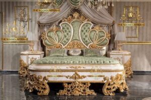 Luxury Royal Hand-Carved Wooden Bed with Upholstered Headboard | The Wooden Artisans