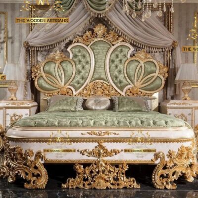 Luxury Royal Hand-Carved Wooden Bed with Upholstered Headboard | The Wooden Artisans